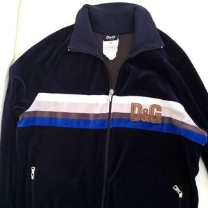 Women's Dolce and Gabbana zip up velour sweater. Midnight blue with logo.